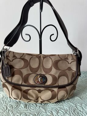 Coach Brown Khaki Signature Canvas Turnlock Shoulder Crossbody Bag